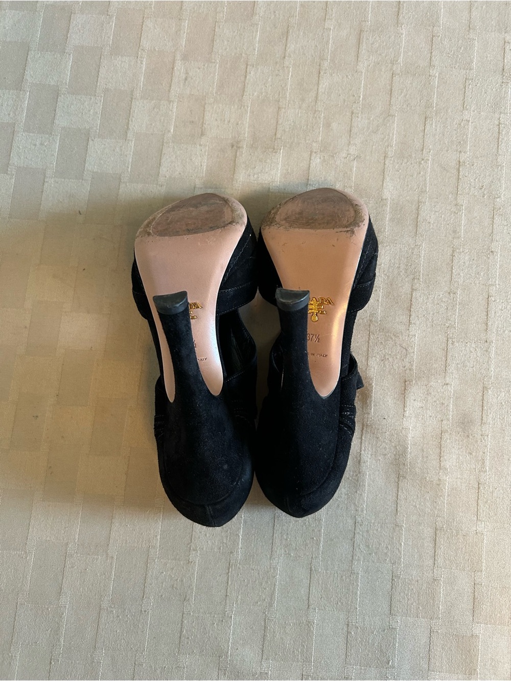Prada Suede Cut Out Peep Toe Heeled Booties - Picture 9 of 15